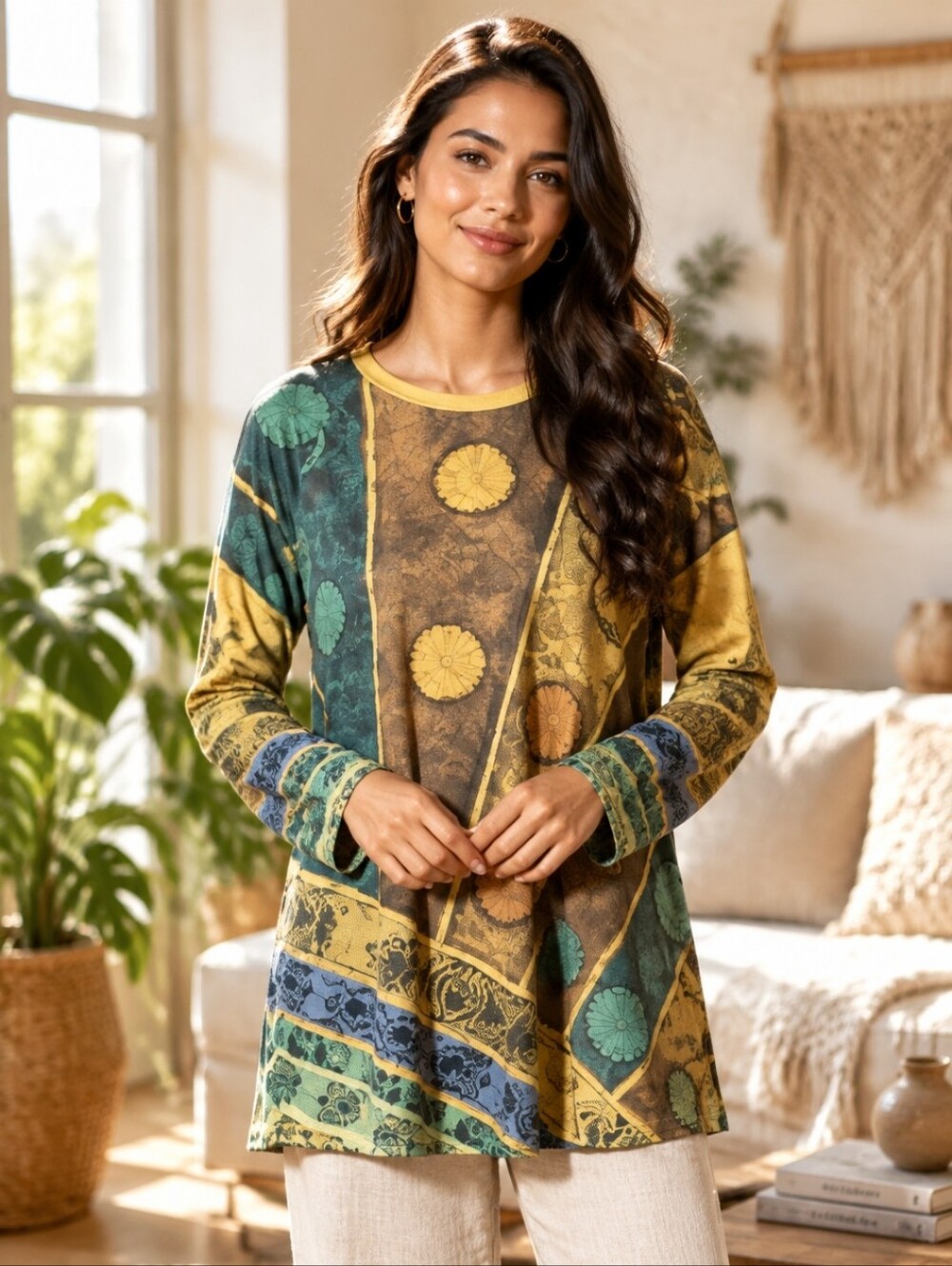 Emery Rose Multicolor Patchwork Tunic Top — Teal, Brown & Mustard Long Sleeve Lg